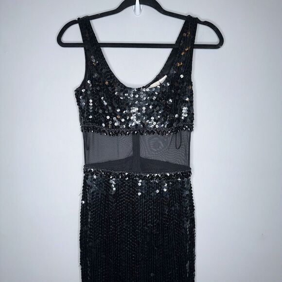 Cache Women’s Full Sequin Maxi Dress Thigh Slit Black Prom Vintage Y2K Size 2 - Picture 2 of 6